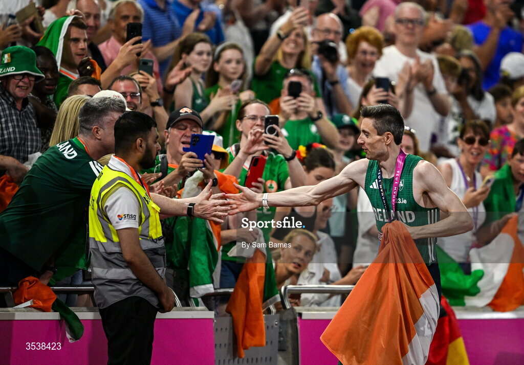 13 August 2026; Mark English of Ireland celebrates with Ireland supporters after winning the gold medal in the men's 800m final during day four of the European Athletics Championships 2026 at Alexander Stadium in Birmingham, England. Photo by Sam Barnes/Sportsfile