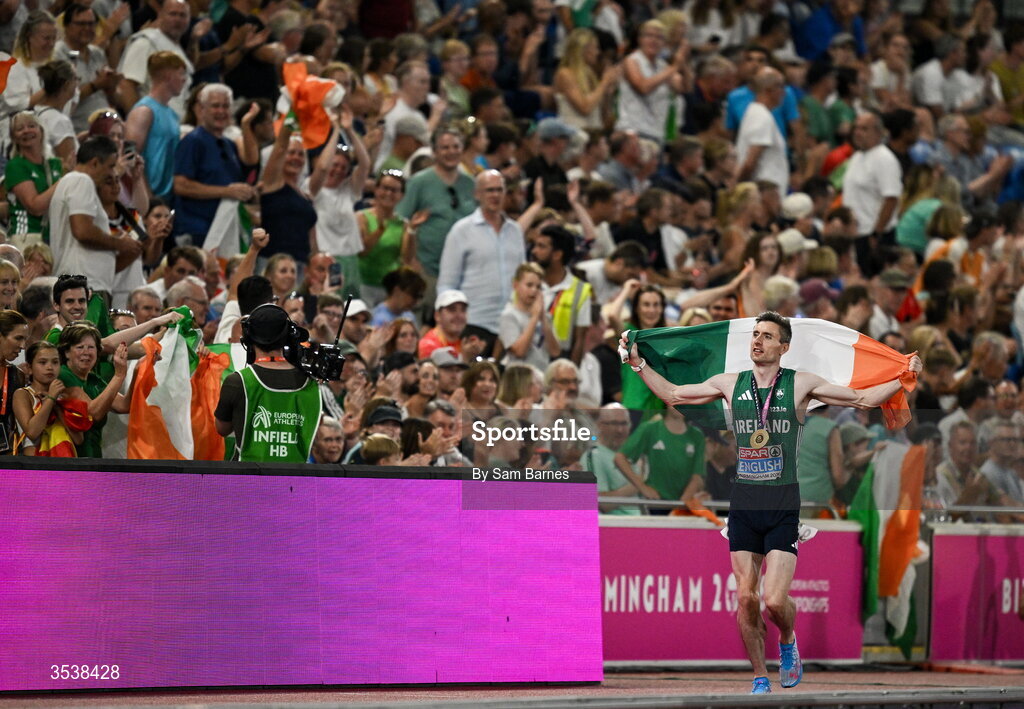 13 August 2026; Mark English of Ireland celebrates with supporters after winning the gold medal in the men's 800m final during day four of the European Athletics Championships 2026 at Alexander Stadium in Birmingham, England. Photo by Sam Barnes/Sportsfile