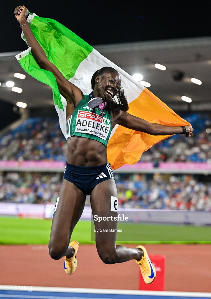 13 August 2026; Rhasidat Adeleke of Ireland celebrates after finishing second with time 22.28 and winning the silver medal in the women's 200m final during day four of the European Athletics Championships 2026 at Alexander Stadium in Birmingham, England. Photo by Sam Barnes/Sportsfile