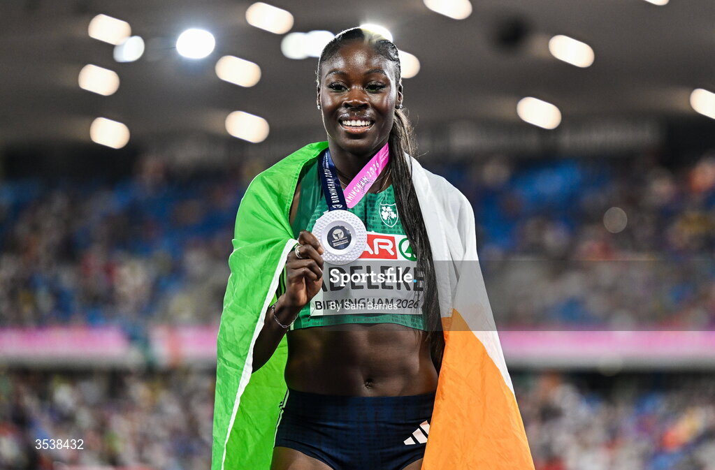 13 August 2026; Rhasidat Adeleke of Ireland celebrates after finishing second with time 22.28 and winning the silver medal in the women's 200m final during day four of the European Athletics Championships 2026 at Alexander Stadium in Birmingham, England. Photo by Sam Barnes/Sportsfile