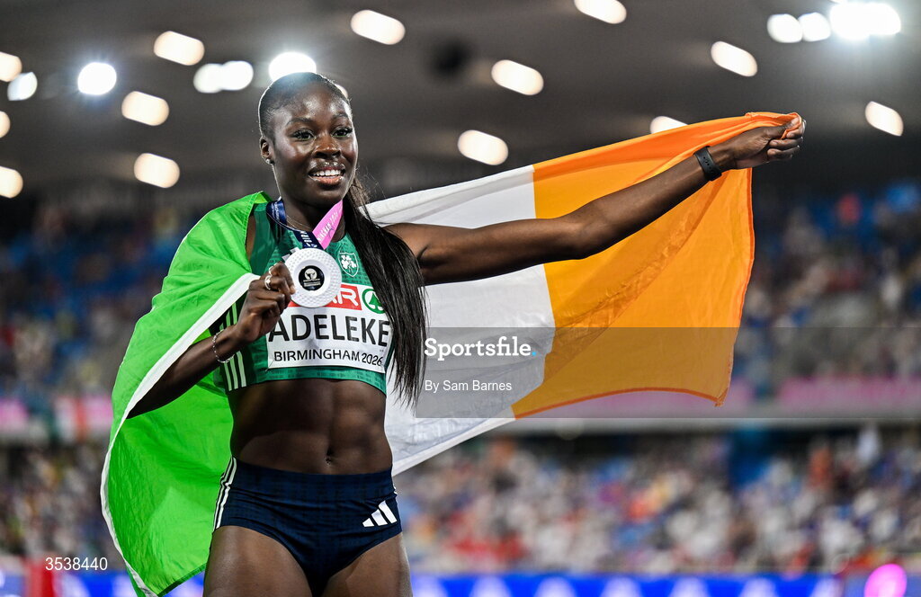 13 August 2026; Rhasidat Adeleke of Ireland celebrates after finishing second with time 22.28 and winning the silver medal in the women's 200m final during day four of the European Athletics Championships 2026 at Alexander Stadium in Birmingham, England. Photo by Sam Barnes/Sportsfile