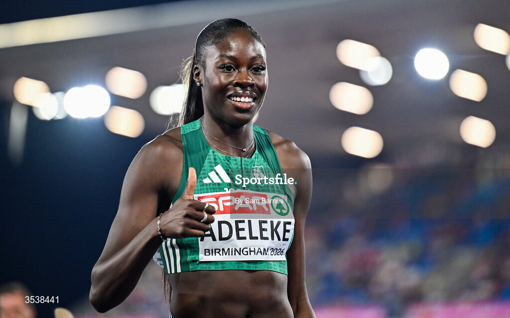 13 August 2026; Rhasidat Adeleke of Ireland celebrates after finishing second with time 22.28 and winning the silver medal in the women's 200m final during day four of the European Athletics Championships 2026 at Alexander Stadium in Birmingham, England. Photo by Sam Barnes/Sportsfile