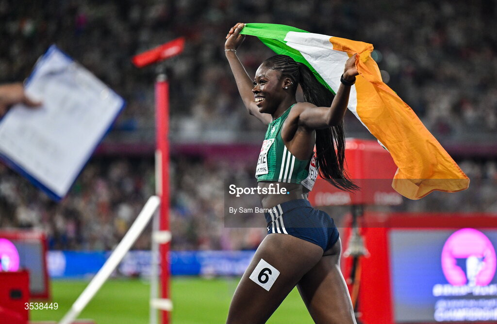 13 August 2026; Rhasidat Adeleke of Ireland celebrates after finishing second with time 22.28 and winning the silver medal in the women's 200m final during day four of the European Athletics Championships 2026 at Alexander Stadium in Birmingham, England. Photo by Sam Barnes/Sportsfile