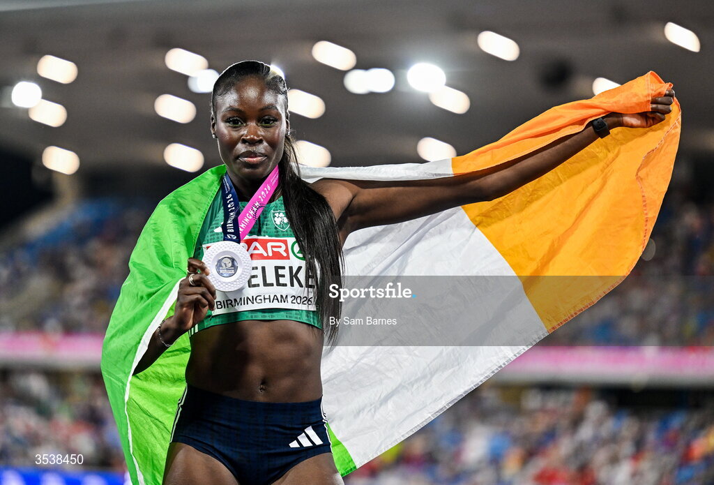 13 August 2026; Rhasidat Adeleke of Ireland celebrates after finishing second with time 22.28 and winning the silver medal in the women's 200m final during day four of the European Athletics Championships 2026 at Alexander Stadium in Birmingham, England. Photo by Sam Barnes/Sportsfile