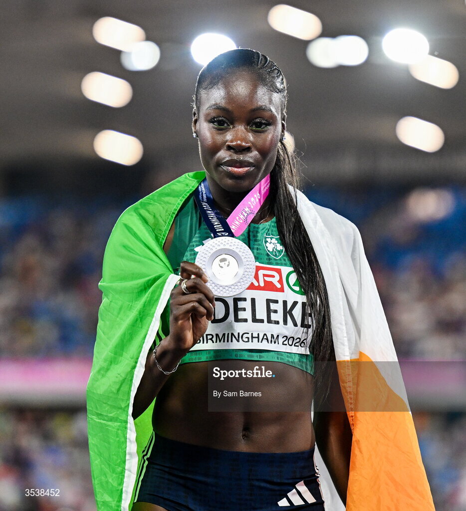 13 August 2026; Rhasidat Adeleke of Ireland celebrates after finishing second with time 22.28 and winning the silver medal in the women's 200m final during day four of the European Athletics Championships 2026 at Alexander Stadium in Birmingham, England. Photo by Sam Barnes/Sportsfile