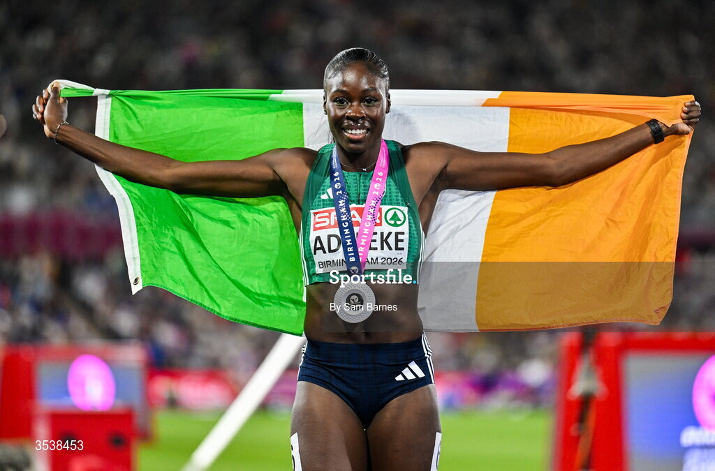 13 August 2026; Rhasidat Adeleke of Ireland celebrates after finishing second with time 22.28 and winning the silver medal in the women's 200m final during day four of the European Athletics Championships 2026 at Alexander Stadium in Birmingham, England. Photo by Sam Barnes/Sportsfile