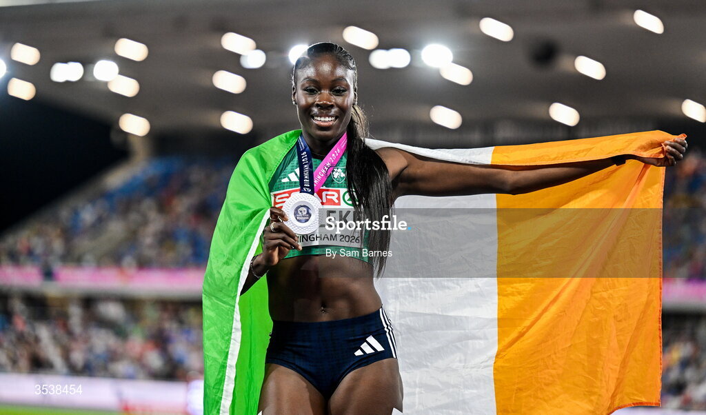 13 August 2026; Rhasidat Adeleke of Ireland celebrates after finishing second with time 22.28 and winning the silver medal in the women's 200m final during day four of the European Athletics Championships 2026 at Alexander Stadium in Birmingham, England. Photo by Sam Barnes/Sportsfile