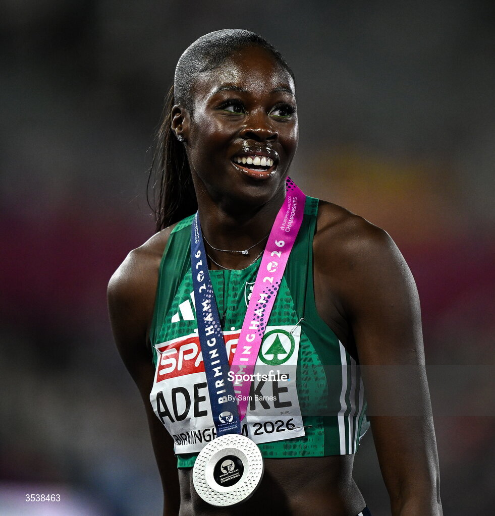13 August 2026; Rhasidat Adeleke of Ireland celebrates after finishing second with time 22.28 and winning the silver medal in the women's 200m final during day four of the European Athletics Championships 2026 at Alexander Stadium in Birmingham, England. Photo by Sam Barnes/Sportsfile