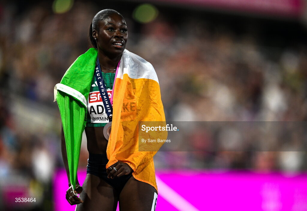 13 August 2026; Rhasidat Adeleke of Ireland celebrates after finishing second with time 22.28 and winning the silver medal in the women's 200m final during day four of the European Athletics Championships 2026 at Alexander Stadium in Birmingham, England. Photo by Sam Barnes/Sportsfile
