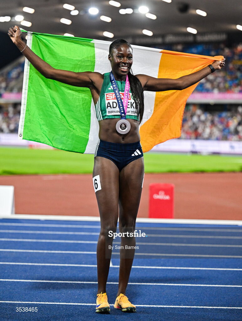 13 August 2026; Rhasidat Adeleke of Ireland celebrates after finishing second with time 22.28 and winning the silver medal in the women's 200m final during day four of the European Athletics Championships 2026 at Alexander Stadium in Birmingham, England. Photo by Sam Barnes/Sportsfile