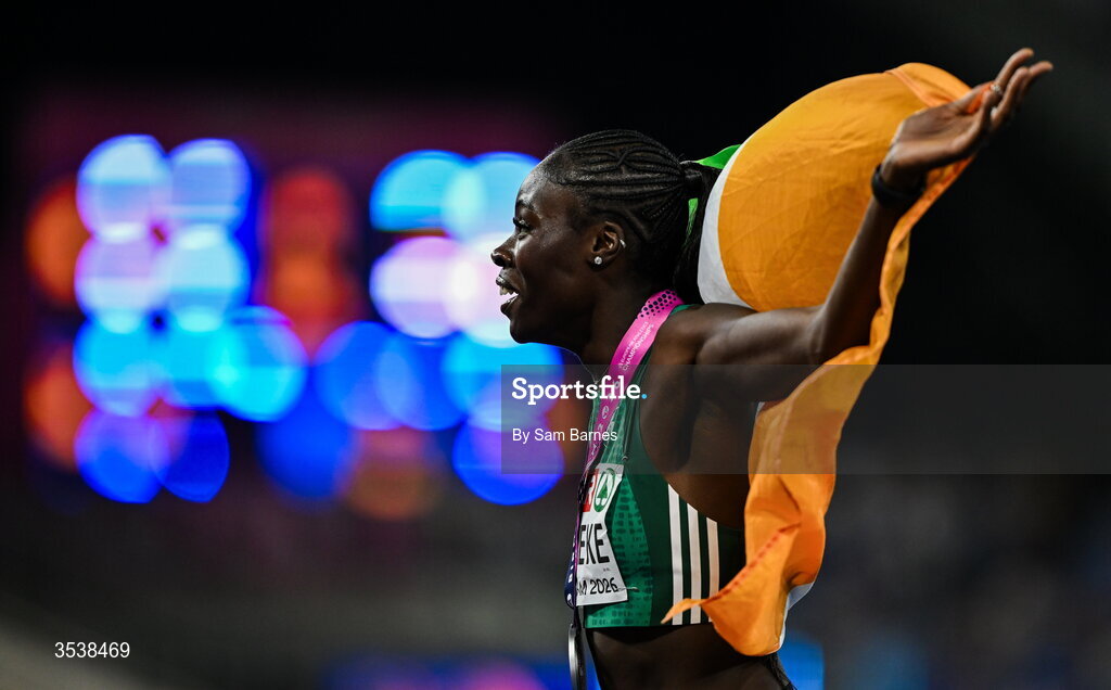 13 August 2026; Rhasidat Adeleke of Ireland celebrates after finishing second with time 22.28 and winning the silver medal in the women's 200m final during day four of the European Athletics Championships 2026 at Alexander Stadium in Birmingham, England. Photo by Sam Barnes/Sportsfile