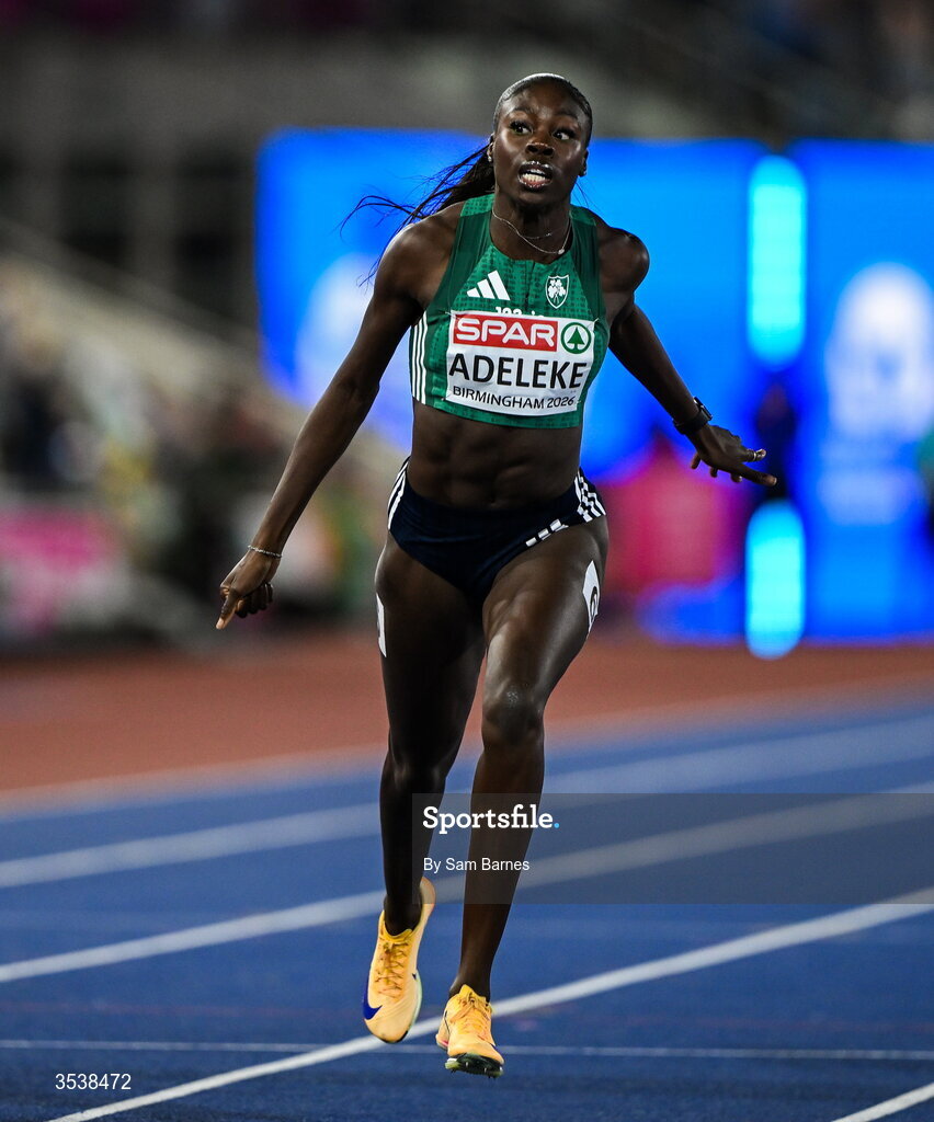 13 August 2026; Rhasidat Adeleke of Ireland crosses the line second and wins the silver medal in the women's 200m final during day four of the European Athletics Championships 2026 at Alexander Stadium in Birmingham, England. Photo by Sam Barnes/Sportsfile