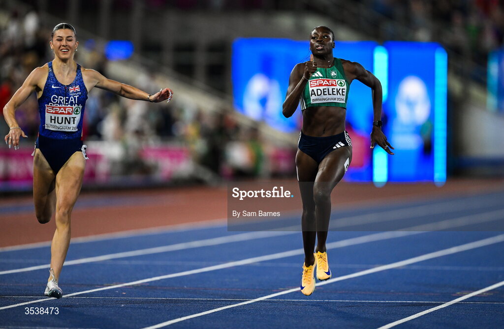 13 August 2026; Rhasidat Adeleke of Ireland crosses the line second and wins the silver medal in the women's 200m final during day four of the European Athletics Championships 2026 at Alexander Stadium in Birmingham, England. Photo by Sam Barnes/Sportsfile