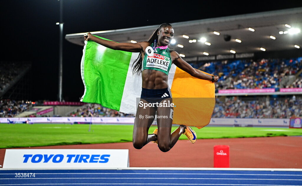 13 August 2026; Rhasidat Adeleke of Ireland celebrates after finishing second with time 22.28 and winning the silver medal in the women's 200m final during day four of the European Athletics Championships 2026 at Alexander Stadium in Birmingham, England. Photo by Sam Barnes/Sportsfile