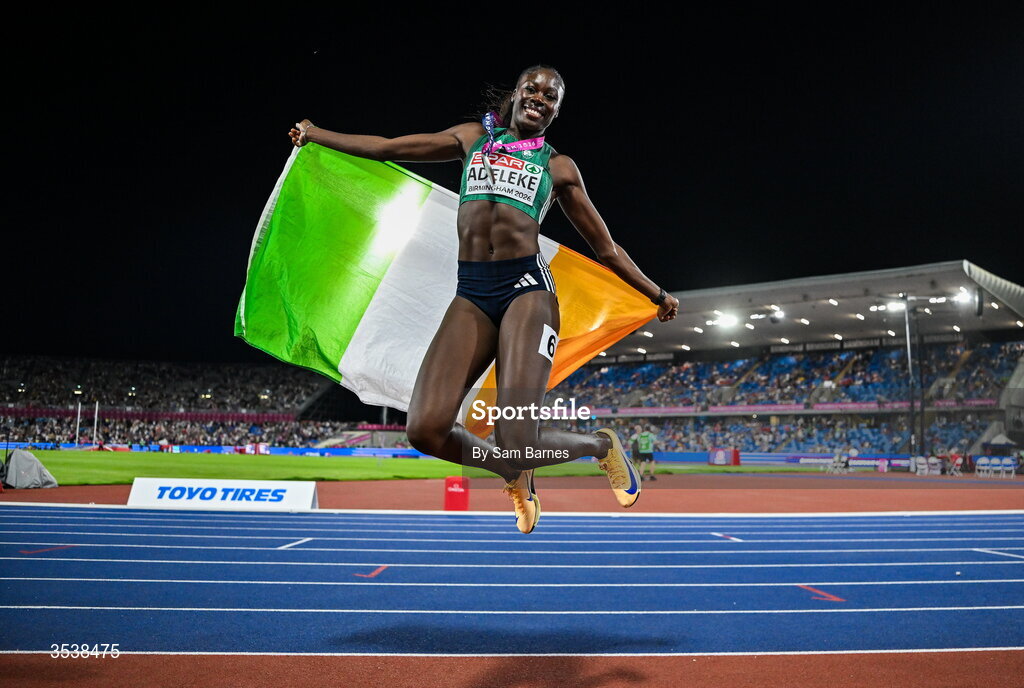 13 August 2026; Rhasidat Adeleke of Ireland celebrates after finishing second with time 22.28 and winning the silver medal in the women's 200m final during day four of the European Athletics Championships 2026 at Alexander Stadium in Birmingham, England. Photo by Sam Barnes/Sportsfile