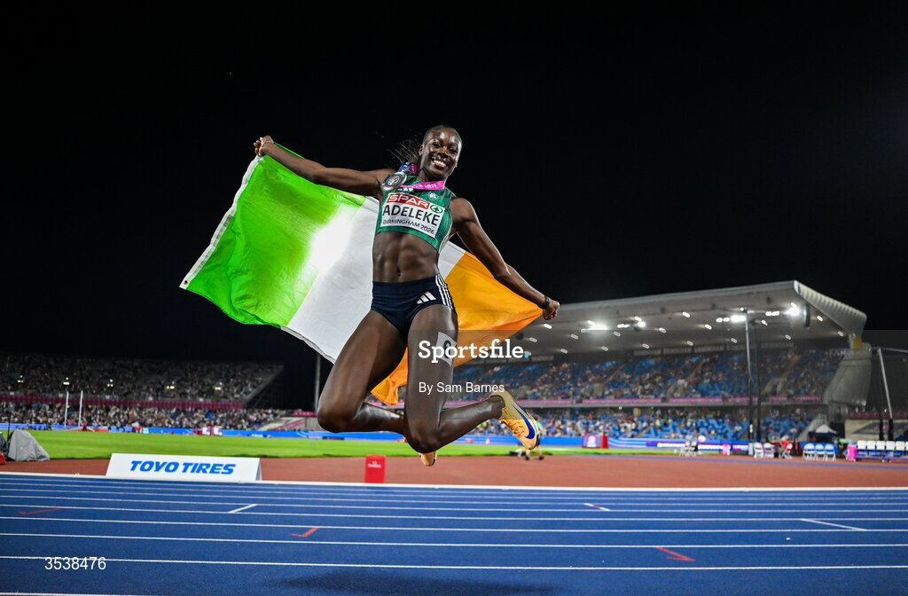 13 August 2026; Rhasidat Adeleke of Ireland celebrates after finishing second with time 22.28 and winning the silver medal in the women's 200m final during day four of the European Athletics Championships 2026 at Alexander Stadium in Birmingham, England. Photo by Sam Barnes/Sportsfile