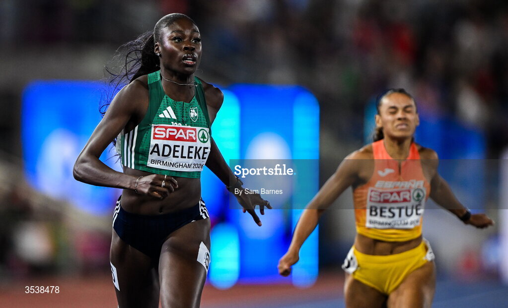 13 August 2026; Rhasidat Adeleke of Ireland crosses the line second and wins the silver medal in the women's 200m final during day four of the European Athletics Championships 2026 at Alexander Stadium in Birmingham, England. Photo by Sam Barnes/Sportsfile