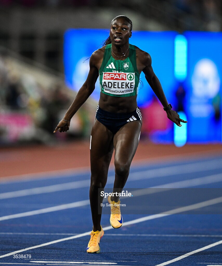 13 August 2026; Rhasidat Adeleke of Ireland crosses the line second and wins the silver medal in the women's 200m final during day four of the European Athletics Championships 2026 at Alexander Stadium in Birmingham, England. Photo by Sam Barnes/Sportsfile