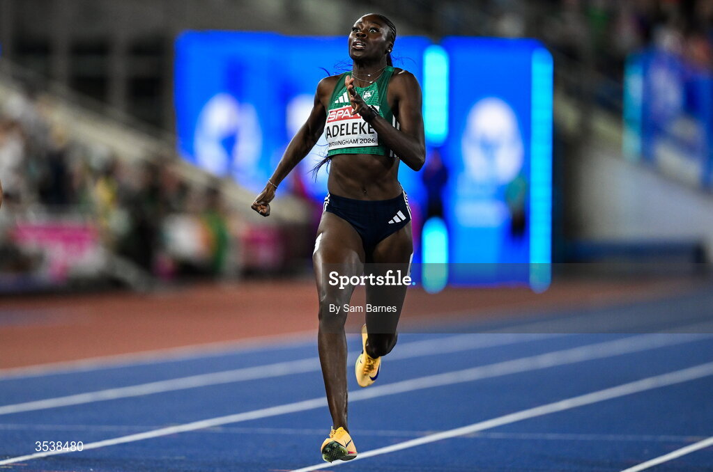 13 August 2026; Rhasidat Adeleke of Ireland crosses the line second and wins the silver medal in the women's 200m final during day four of the European Athletics Championships 2026 at Alexander Stadium in Birmingham, England. Photo by Sam Barnes/Sportsfile