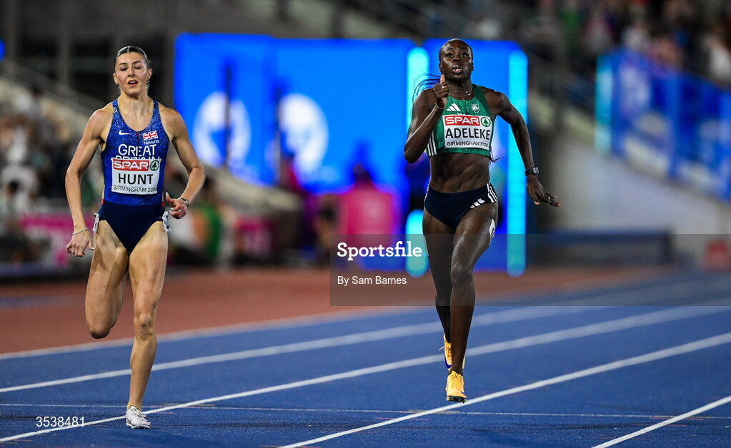 13 August 2026; Rhasidat Adeleke of Ireland crosses the line second and wins the silver medal in the women's 200m final during day four of the European Athletics Championships 2026 at Alexander Stadium in Birmingham, England. Photo by Sam Barnes/Sportsfile