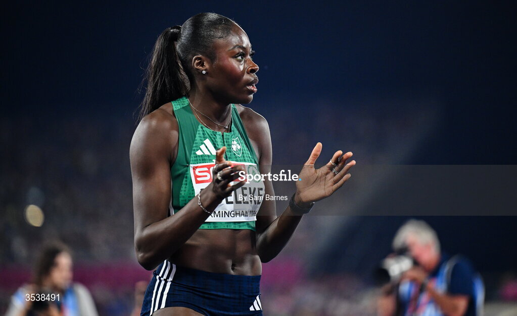 13 August 2026; Rhasidat Adeleke of Ireland celebrates after finishing second and winning the silver medal in the women's 200m final during day four of the European Athletics Championships 2026 at Alexander Stadium in Birmingham, England. Photo by Sam Barnes/Sportsfile
