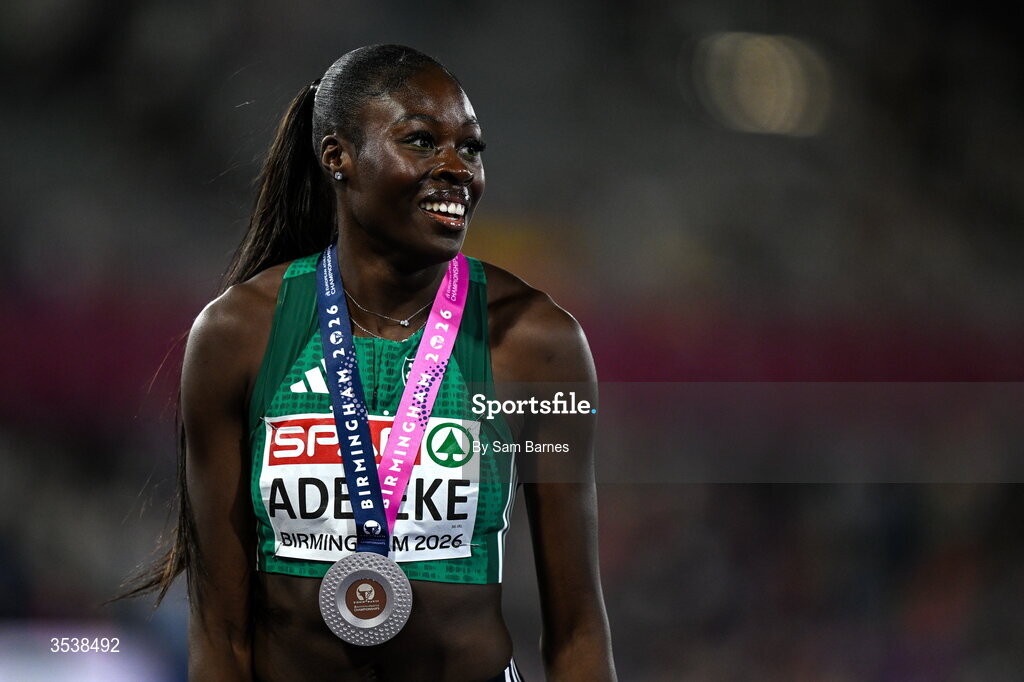 13 August 2026; Rhasidat Adeleke of Ireland celebrates after finishing second and winning the silver medal in the women's 200m final during day four of the European Athletics Championships 2026 at Alexander Stadium in Birmingham, England. Photo by Sam Barnes/Sportsfile