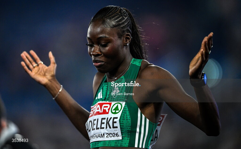 13 August 2026; Rhasidat Adeleke of Ireland celebrates after finishing second and winning the silver medal in the women's 200m final during day four of the European Athletics Championships 2026 at Alexander Stadium in Birmingham, England. Photo by Sam Barnes/Sportsfile