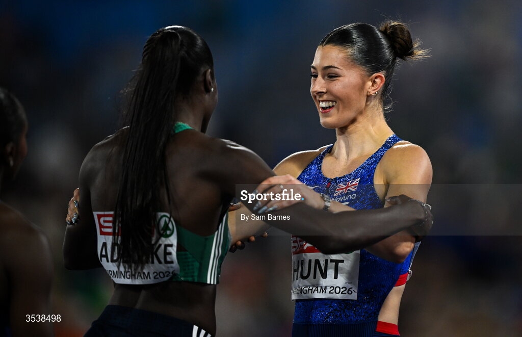 13 August 2026; Rhasidat Adeleke of Ireland, left, is congratulated by Amy Hunt of Great Britain and Northern Ireland after finishing second and winning the silver medal in the women's 200m final during day four of the European Athletics Championships 2026 at Alexander Stadium in Birmingham, England. Photo by Sam Barnes/Sportsfile
