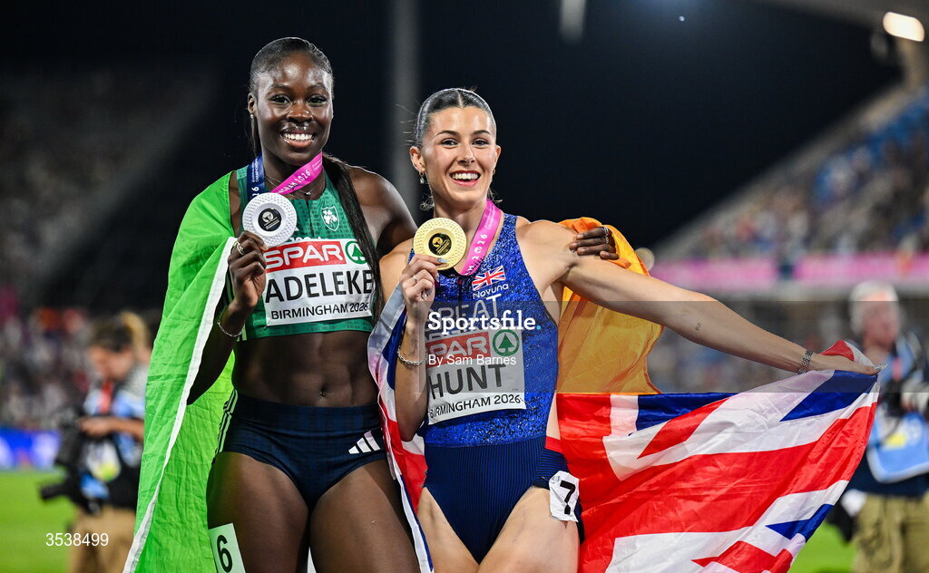 13 August 2026; Rhasidat Adeleke of Ireland, left, after finishing second and winning the silver medal and Amy Hunt of Great Britain and Northern Ireland after finishing first and winning the gold medal in the women's 200m final during day four of the European Athletics Championships 2026 at Alexander Stadium in Birmingham, England. Photo by Sam Barnes/Sportsfile