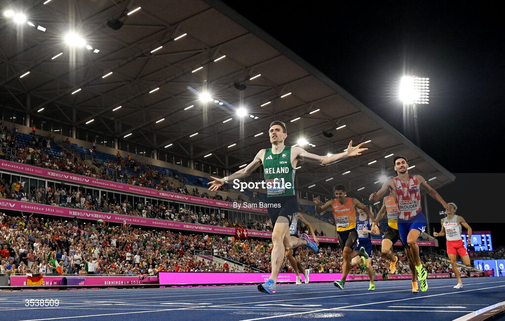 13 August 2026; Mark English of Ireland celebrates after finishing first with time 1:45.26 and winning the gold medal in the men's 800m final during day four of the European Athletics Championships 2026 at Alexander Stadium in Birmingham, England. Photo by Sam Barnes/Sportsfile