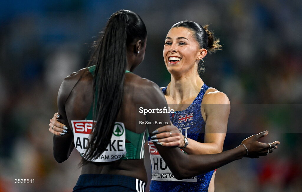 13 August 2026; Rhasidat Adeleke of Ireland, left, is congratulated by Amy Hunt of Great Britain and Northern Ireland after finishing second and winning the silver medal in the women's 200m final during day four of the European Athletics Championships 2026 at Alexander Stadium in Birmingham, England. Photo by Sam Barnes/Sportsfile