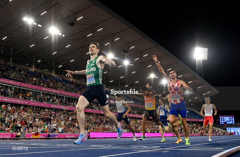 13 August 2026; Mark English of Ireland celebrates after finishing first with time 1:45.26 and winning the gold medal in the men's 800m final during day four of the European Athletics Championships 2026 at Alexander Stadium in Birmingham, England. Photo by Sam Barnes/Sportsfile