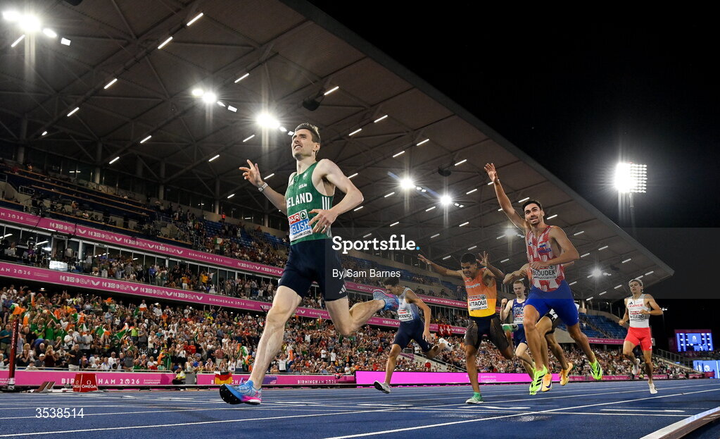 13 August 2026; Mark English of Ireland celebrates after finishing first with time 1:45.26 and winning the gold medal in the men's 800m final during day four of the European Athletics Championships 2026 at Alexander Stadium in Birmingham, England. Photo by Sam Barnes/Sportsfile