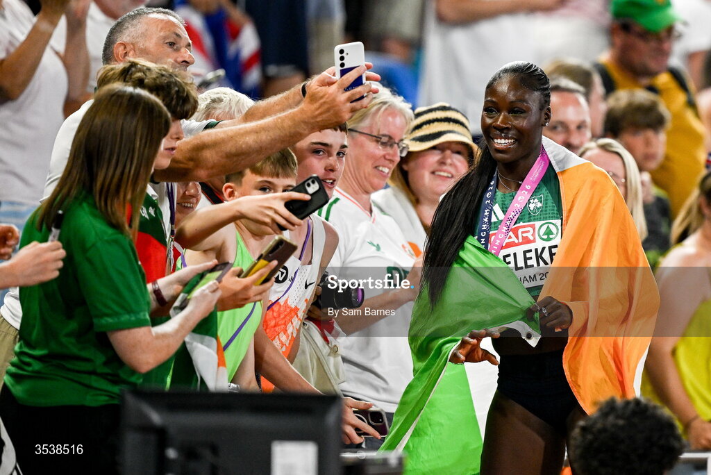 13 August 2026; Rhasidat Adeleke of Ireland celebrates with supporters after finishing second and winning the silver medal in the women's 200m final during day four of the European Athletics Championships 2026 at Alexander Stadium in Birmingham, England. Photo by Sam Barnes/Sportsfile