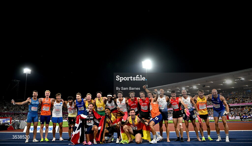 13 August 2026; The men's decathlon athletes after the final event, the 1500m, including Leo Neugebauer of Germany, in first, bottom centre, Niklas Kaul of Germany, bottom right, in second, and Sander Skotheim of Norway, bottom left, in third, during day four of the European Athletics Championships 2026 at Alexander Stadium in Birmingham, England. Photo by Sam Barnes/Sportsfile