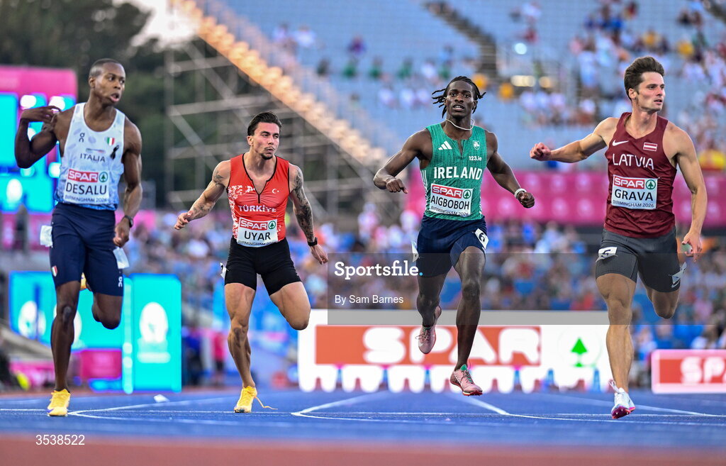 13 August 2026; Sean Aigboboh of Ireland, second from right, on his way to finishing fourth in his men's 200m semi-final during day four of the European Athletics Championships 2026 at Alexander Stadium in Birmingham, England. Photo by Sam Barnes/Sportsfile
