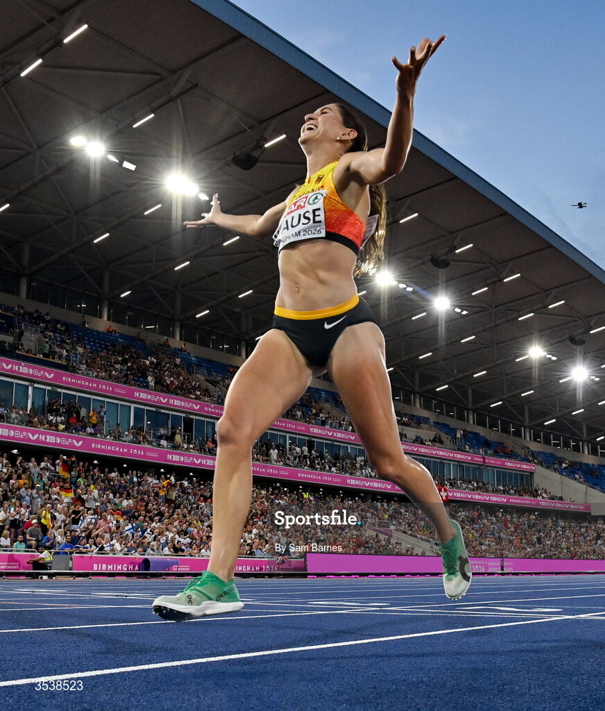 13 August 2026; Gesa Felicitas Krause of Germany celebrates winning the women's 3000m steeplechase final during day four of the European Athletics Championships 2026 at Alexander Stadium in Birmingham, England. Photo by Sam Barnes/Sportsfile