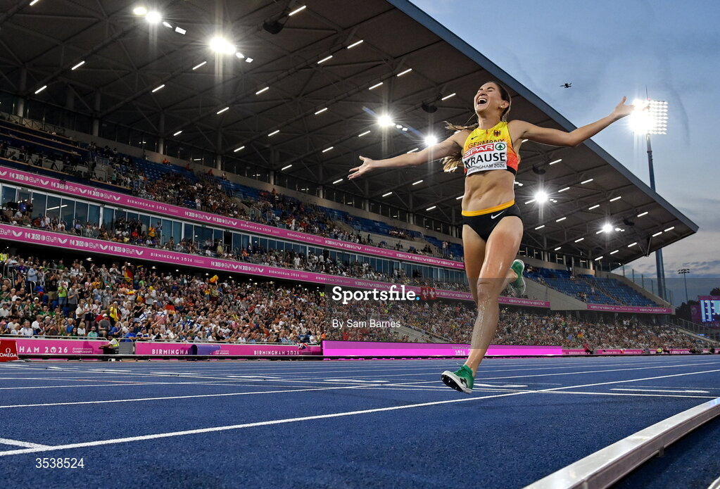 13 August 2026; Gesa Felicitas Krause of Germany celebrates winning the women's 3000m steeplechase final during day four of the European Athletics Championships 2026 at Alexander Stadium in Birmingham, England. Photo by Sam Barnes/Sportsfile