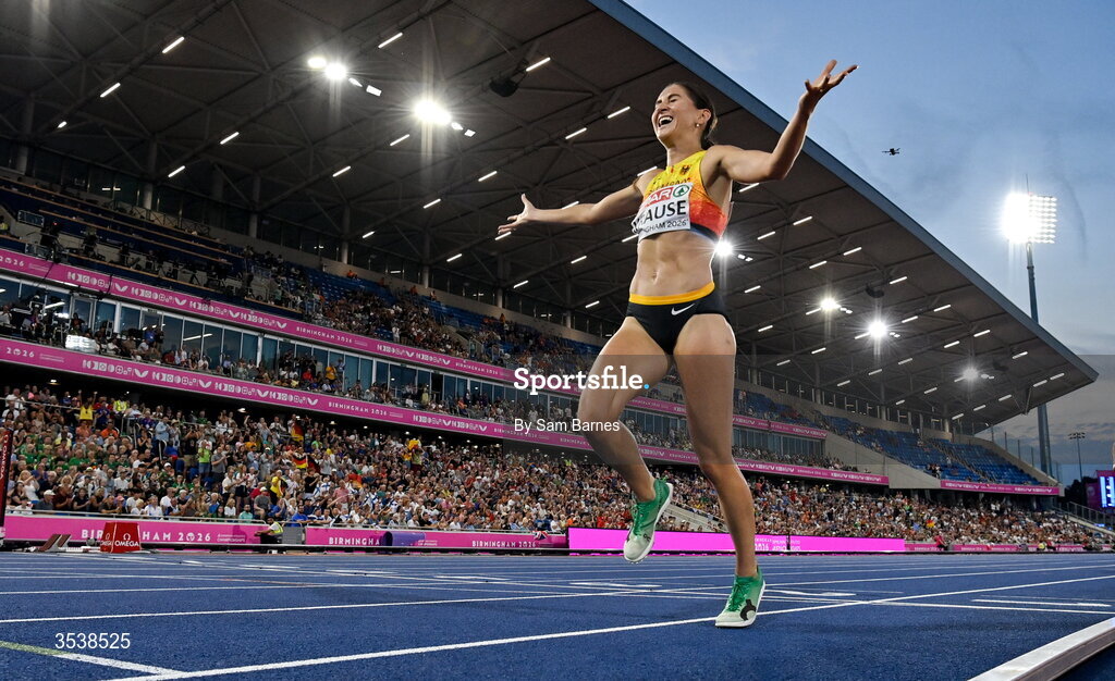 13 August 2026; Gesa Felicitas Krause of Germany celebrates winning the women's 3000m steeplechase final during day four of the European Athletics Championships 2026 at Alexander Stadium in Birmingham, England. Photo by Sam Barnes/Sportsfile
