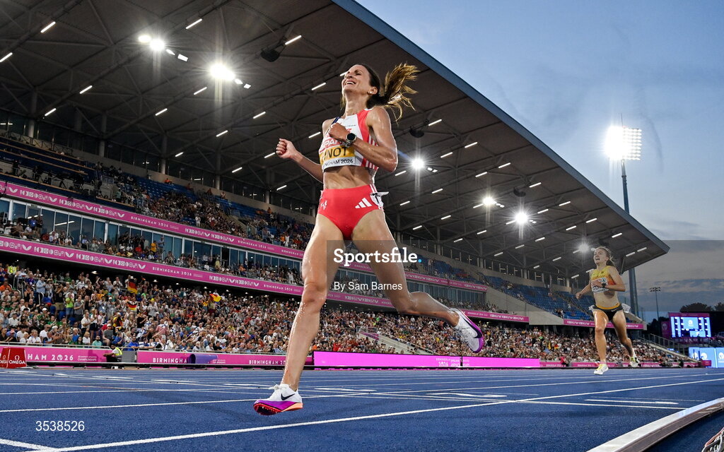 13 August 2026; Alice Finot of France celebrates finishing second and winning the silver medal in the women's 3000m steeplechase final during day four of the European Athletics Championships 2026 at Alexander Stadium in Birmingham, England. Photo by Sam Barnes/Sportsfile