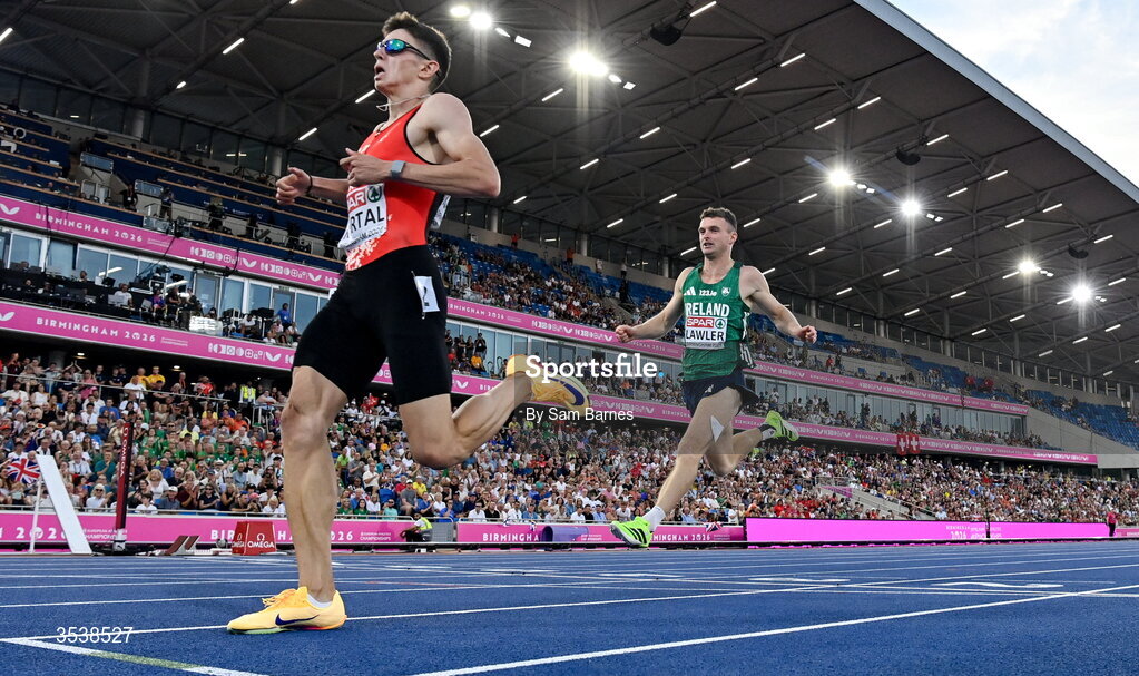 13 August 2026; Marcus Lawler of Ireland, right, competes in his men's 200m semi-final during day four of the European Athletics Championships 2026 at Alexander Stadium in Birmingham, England. Photo by Sam Barnes/Sportsfile