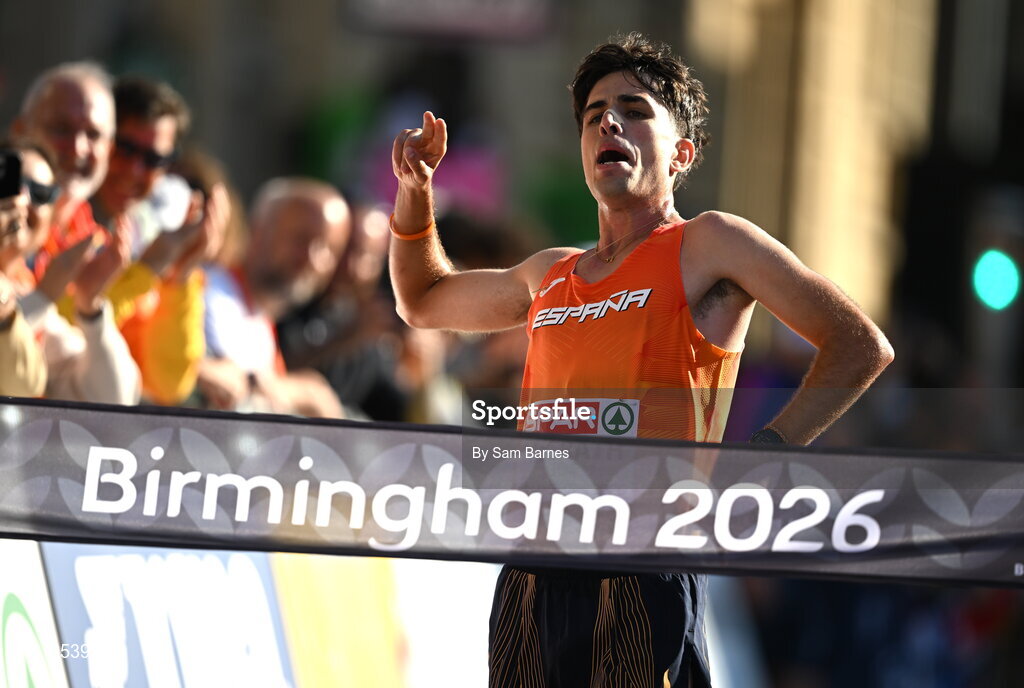 15 August 2026; Paul McGrath of Spain celebrates winning the men's half marathon race walk during day six of the European Athletics Championships 2026 in Birmingham, England. Photo by Sam Barnes/Sportsfile