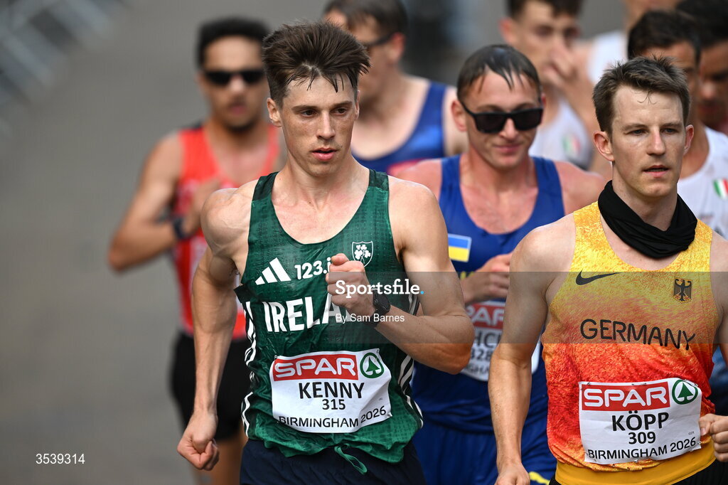 15 August 2026; David Kenny of Ireland competes in the men's half marathon race walk during day six of the European Athletics Championships 2026 in Birmingham, England. Photo by Sam Barnes/Sportsfie