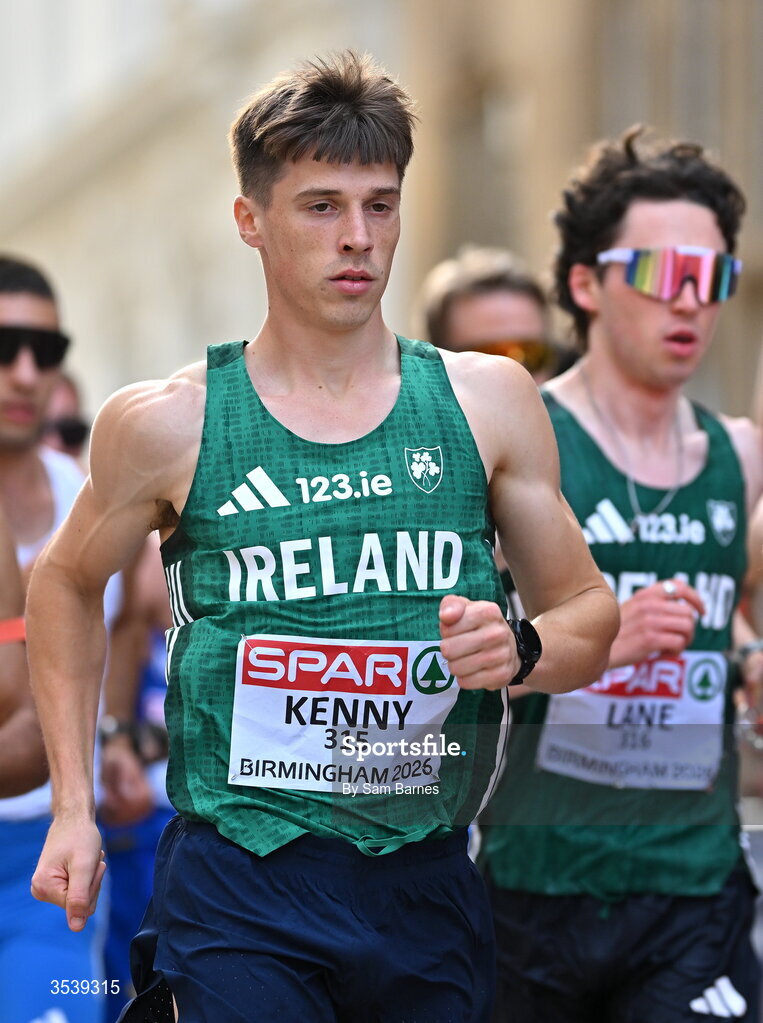 15 August 2026; David Kenny, left, and Oisin Lane competes in the men's half marathon race walk during day six of the European Athletics Championships 2026 in Birmingham, England. Photo by Sam Barnes/Sportsfile