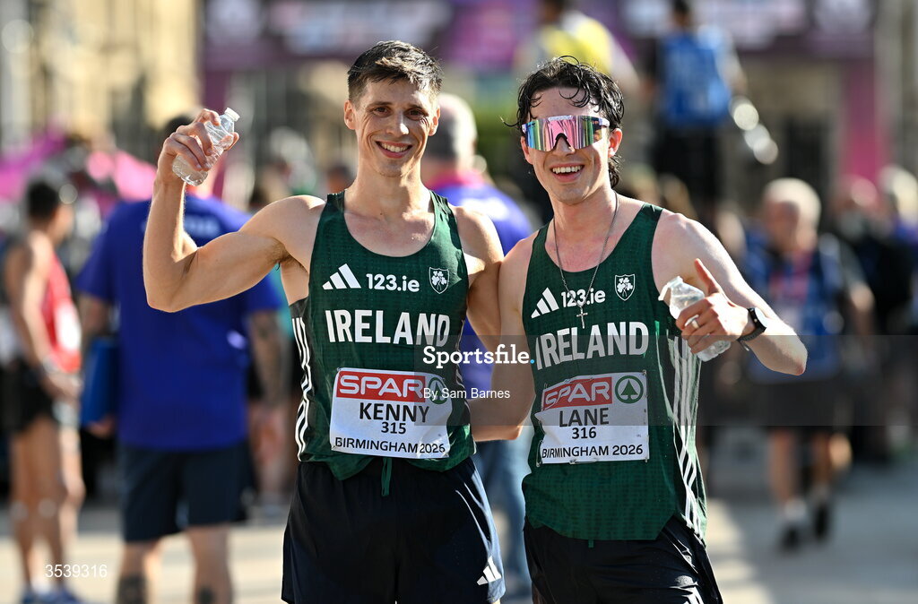 15 August 2026; David Kenny, left, and Oisin Lane of Ireland after the mens race walk during day six of the European Athletics Championships 2026 in Birmingham, England. Photo by Sam Barnes/Sportsfile