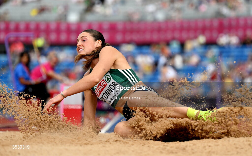 15 August 2026; Kate O’Connor of Ireland competes in the long jump event of the women’s heptathlon during day six of the European Athletics Championships 2026 at Alexander Stadium in Birmingham, England. Photo by Sam Barnes/Sportsfile