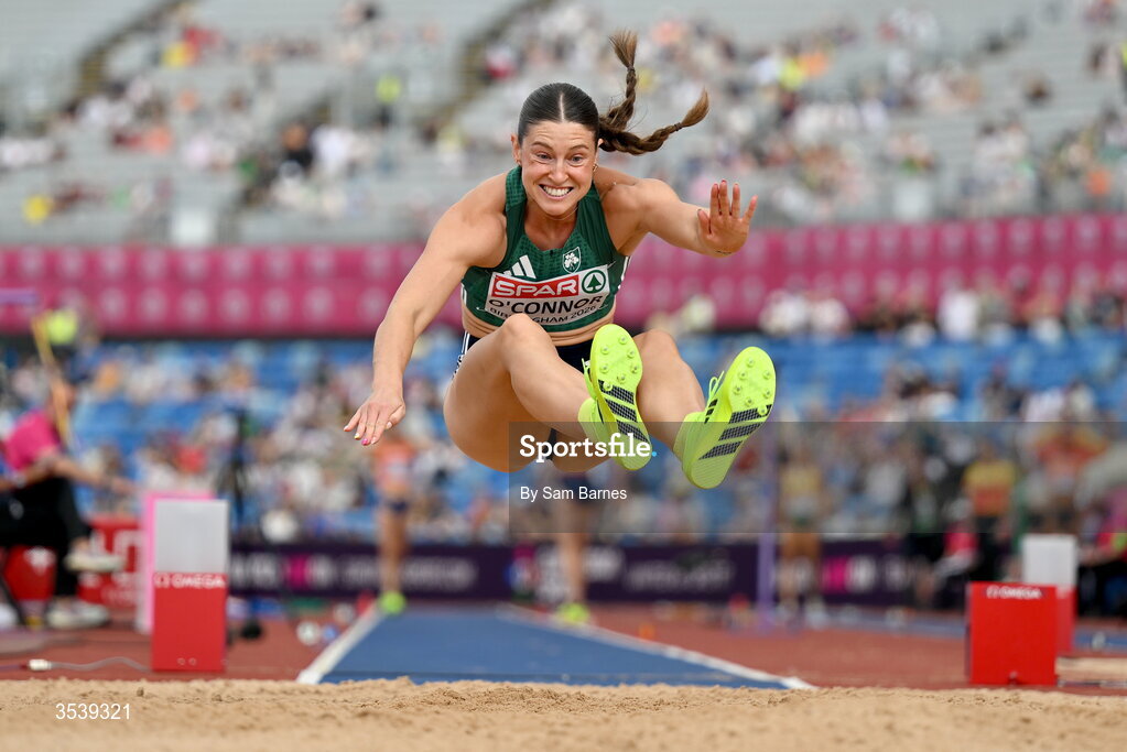 15 August 2026; Kate O’Connor of Ireland competes in the long jump event of the women’s heptathlon during day six of the European Athletics Championships 2026 at Alexander Stadium in Birmingham, England. Photo by Sam Barnes/Sportsfile