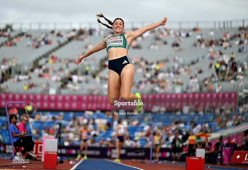 15 August 2026; Kate O’Connor of Ireland competes in the long jump event of the women’s heptathlon during day six of the European Athletics Championships 2026 at Alexander Stadium in Birmingham, England. Photo by Sam Barnes/Sportsfile