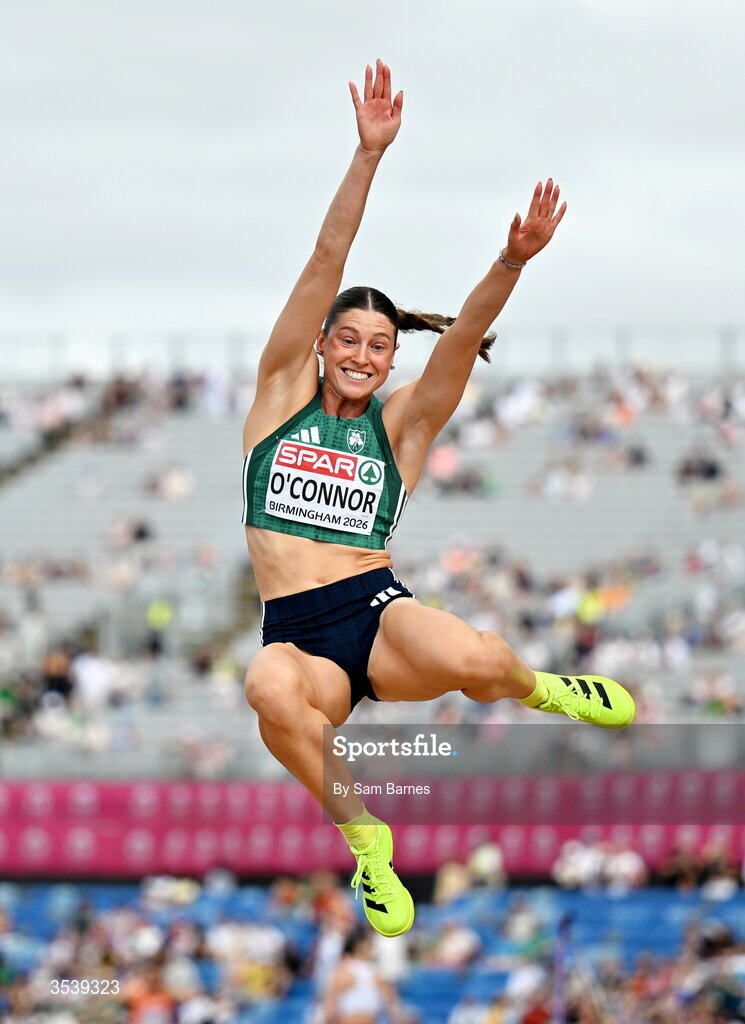 15 August 2026; Kate O’Connor of Ireland competes in the long jump event of the women’s heptathlon during day six of the European Athletics Championships 2026 at Alexander Stadium in Birmingham, England. Photo by Sam Barnes/Sportsfile