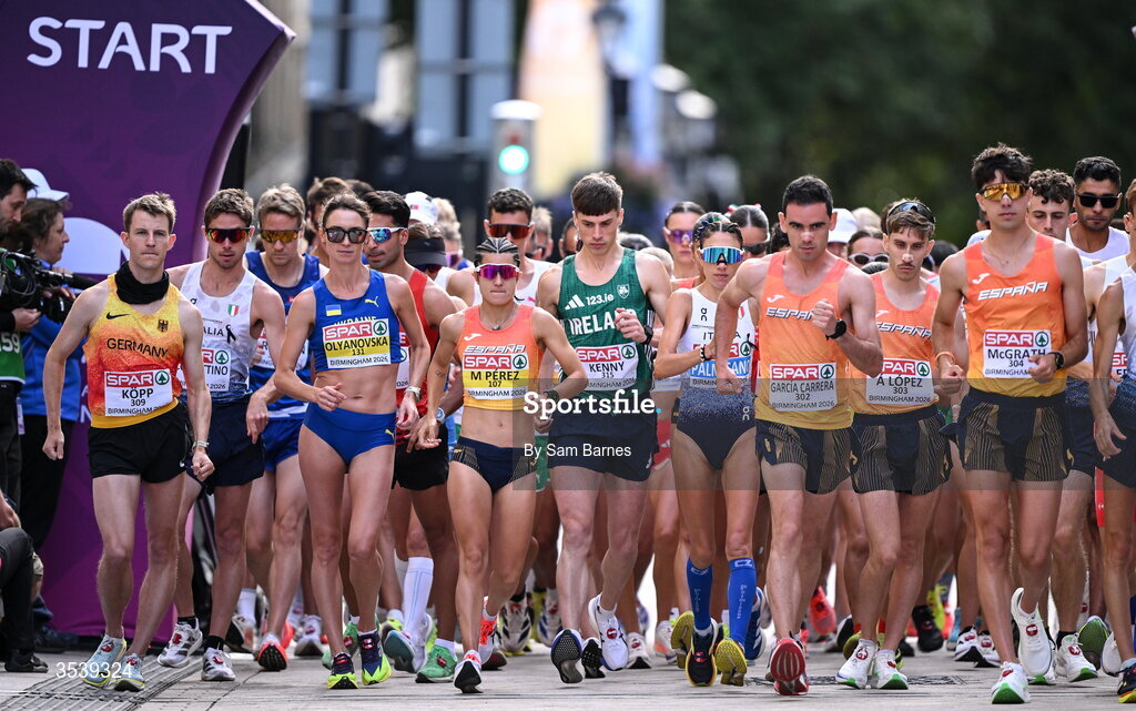 15 August 2026; David Kenny of Ireland, centre, competes in the men's half marathon race walk during day six of the European Athletics Championships 2026 in Birmingham, England. Photo by Sam Barnes/Sportsfie